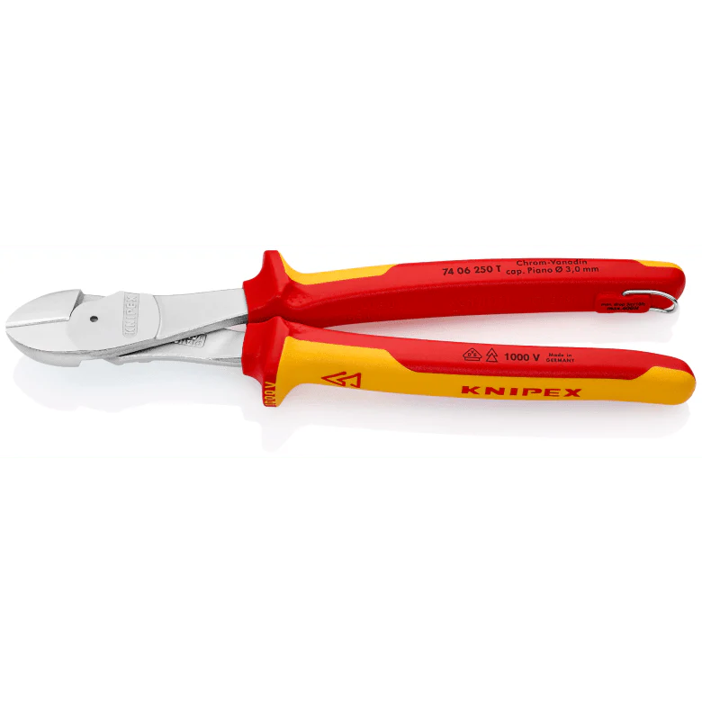 KNIPEX - 74 06 250 T - High Leverage Diagonal Cutter insulated with multi-component grips, VDE-tested with integrated insulated tether attachment point for a tool tether chrome-plated 250 mm cutting edges with bevel